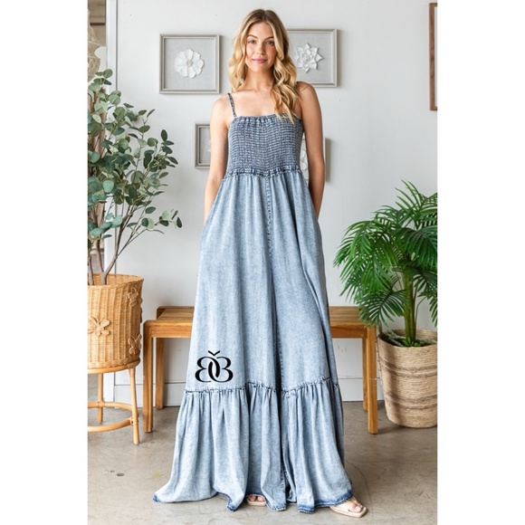 Oli & Hali Pants - Oli & Hali Mineral Washed Flowy Tencel Denim Relaxed Fit Wide Leg Jumpsuit